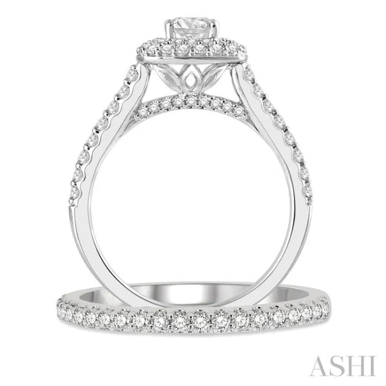 1 1/4 Ctw Diamond Wedding Set With 1 ct Cushion Shape 1/2 ct Round Cut Center Stone Engagement Ring and 1/4 ct Wedding Band in 14K White Gold