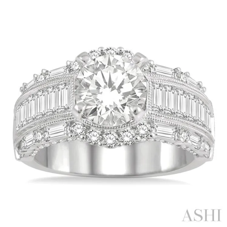 1 7/8 ctw Wide Shank Baguette and Round Cut Diamond Semi-Mount Engagement Ring in 14K White Gold