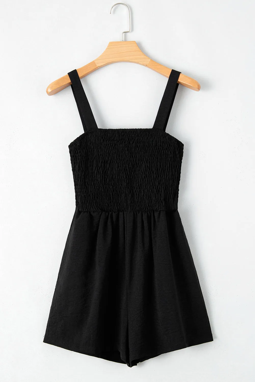 Black Casual Pocketed Smocked Sleeveless Romper