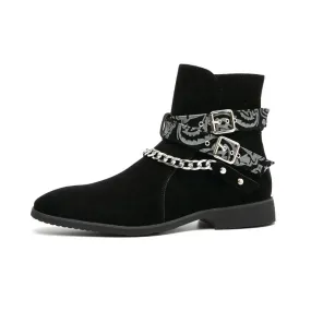 Black Suede Bandana Chain Ankle Boots