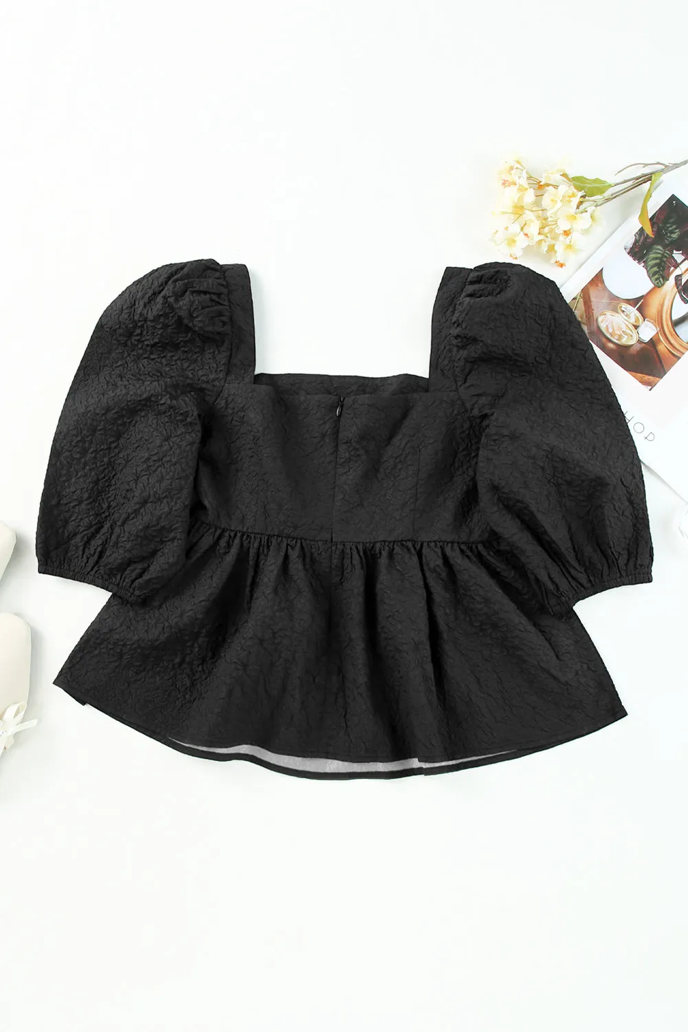 Black Textured Square Neck Puff Sleeve Peplum Blouse