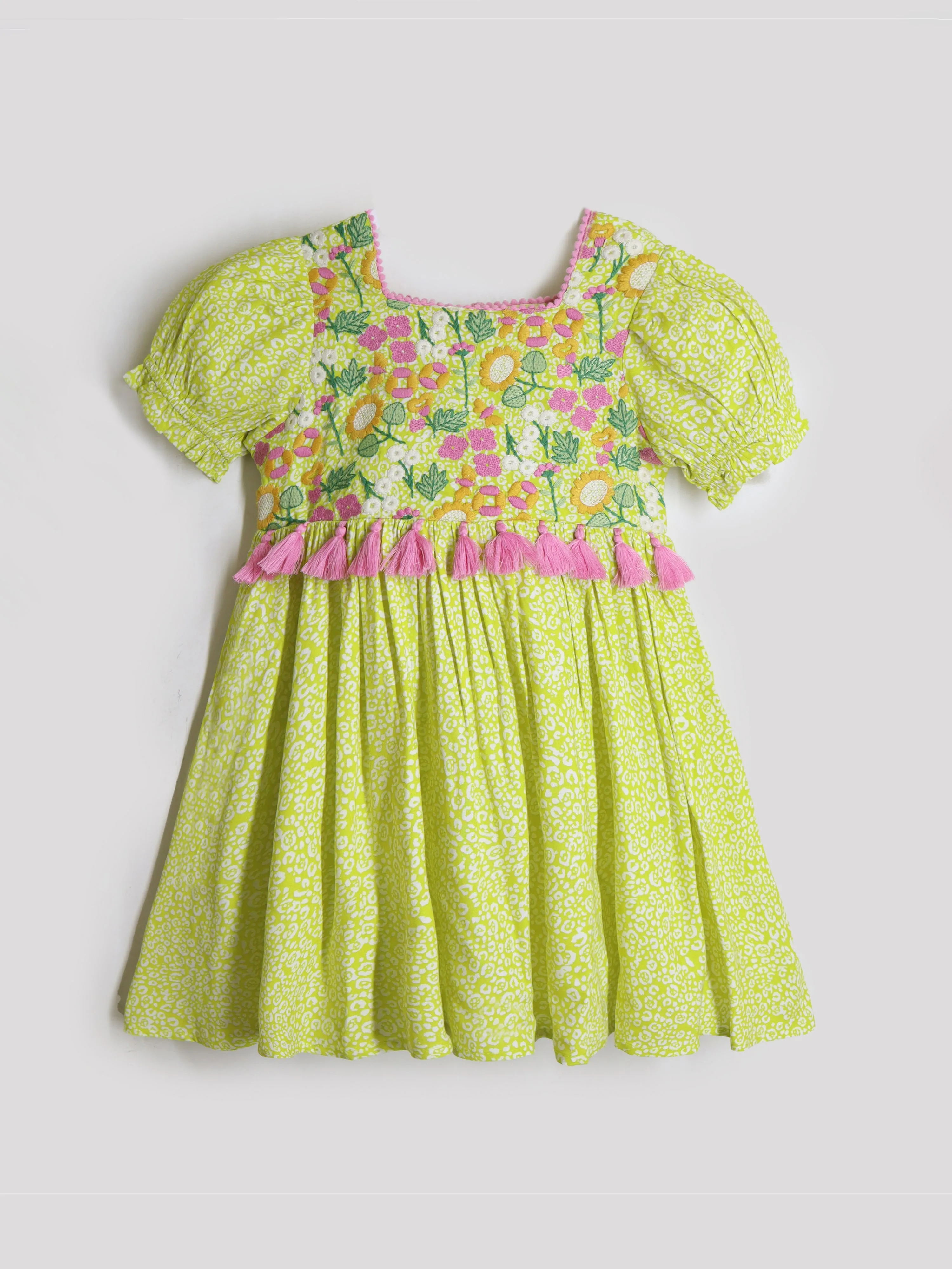 Cherry Crumble Girls Yellow Knee Length Embroidery & Printed Dress