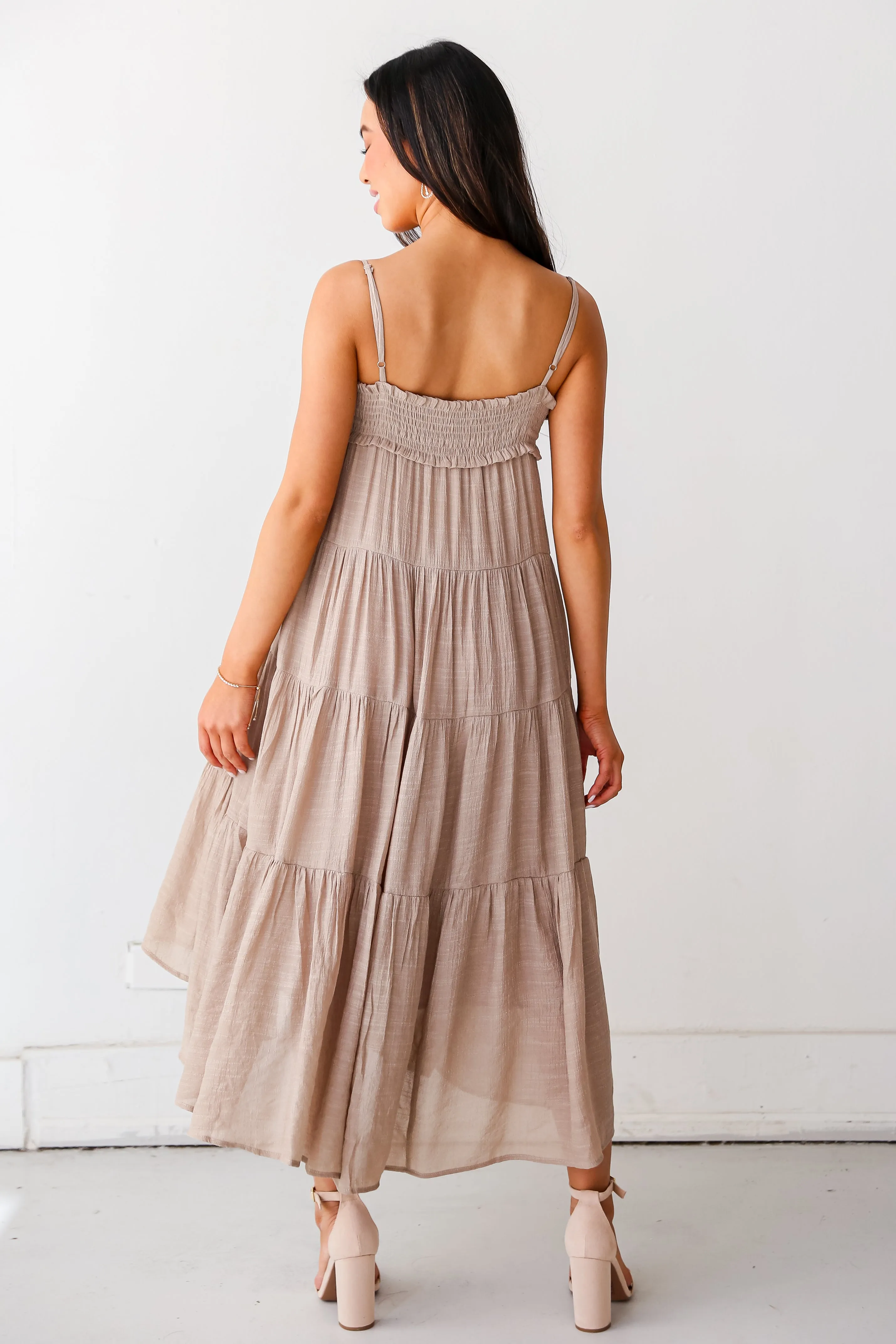 FINAL SALE - Carefree Behavior Taupe Tiered Midi Dress