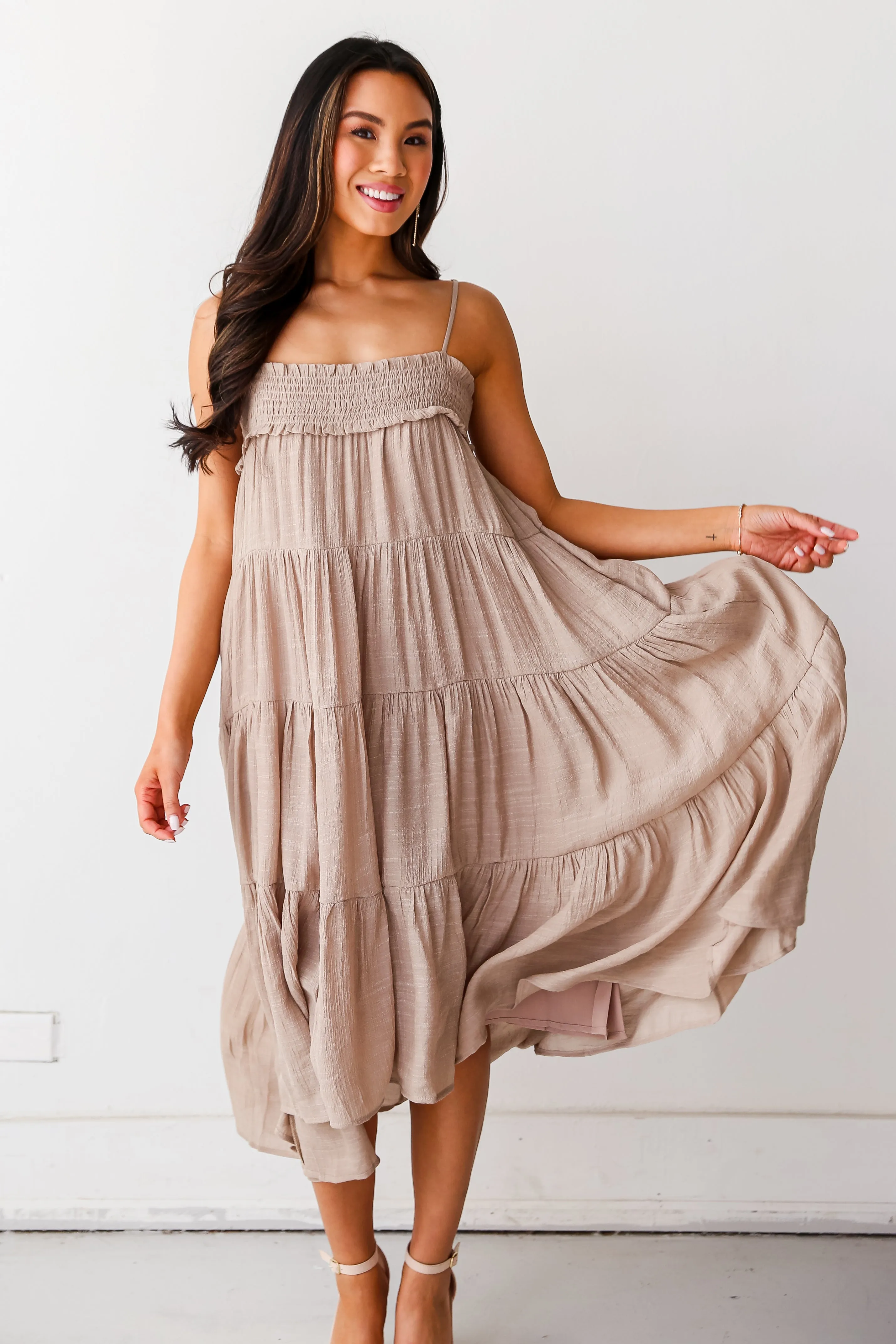 FINAL SALE - Carefree Behavior Taupe Tiered Midi Dress