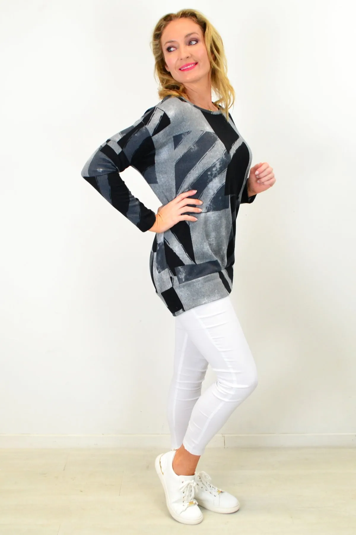 Grey Abstract Drop Shoulder Tunic Top