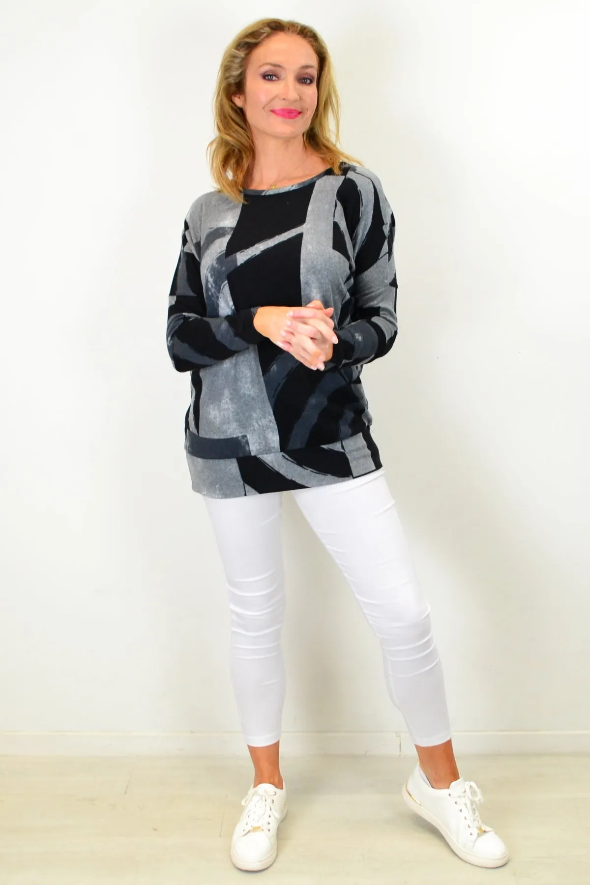 Grey Abstract Drop Shoulder Tunic Top