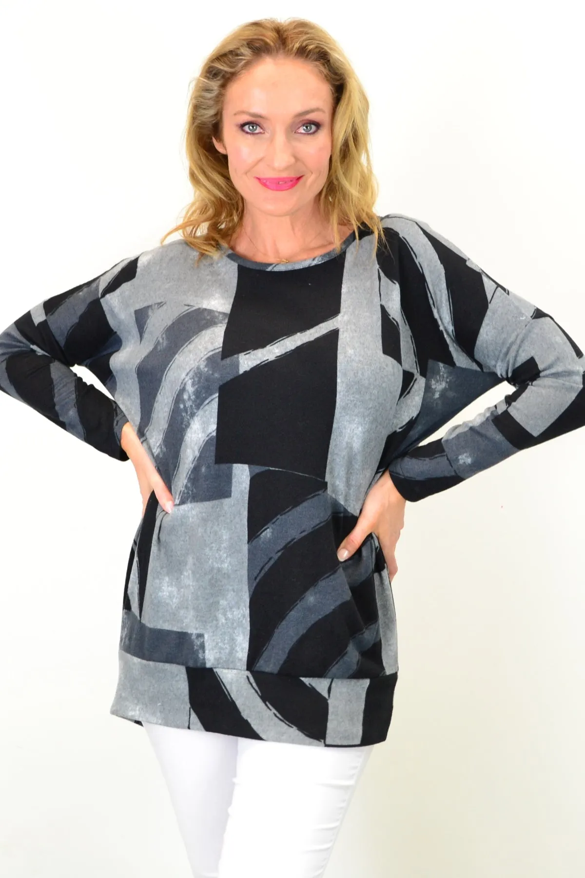 Grey Abstract Drop Shoulder Tunic Top