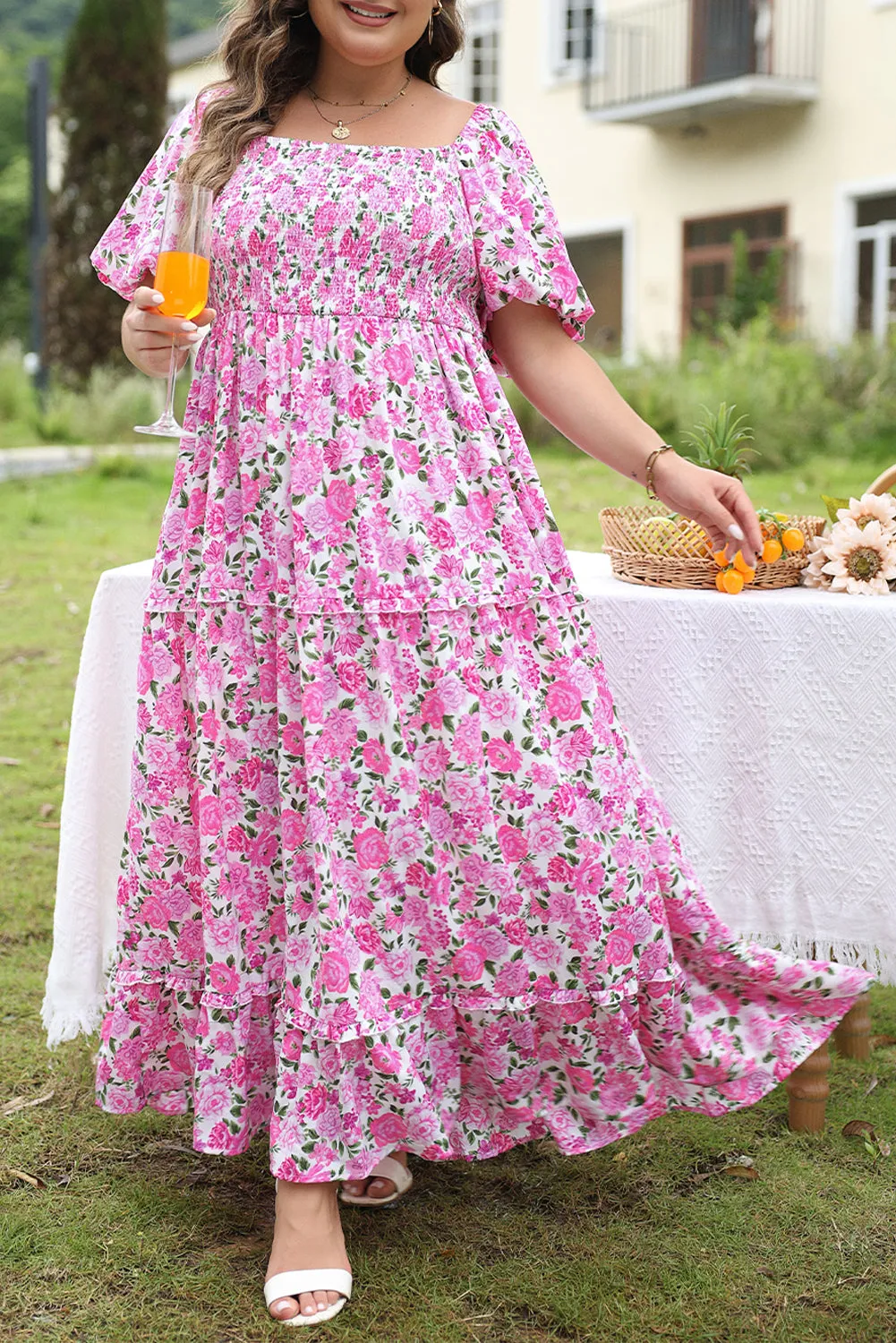 Pink Plus Size Floral Print Smocked Puff Sleeve Dress